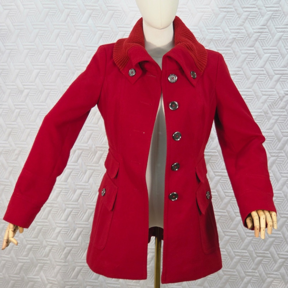 Jessica Simpson Peacoat Red poly Blend Knit‎ Double Collar Button Front cozy SML